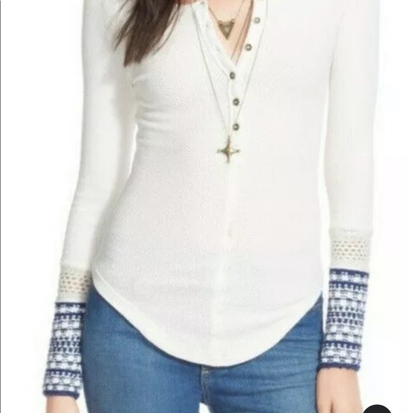 Free People OB429221 Ski Lodge Ivory Waffle Knit/Blue Cuff Henley Thermal Top L - Picture 1 of 5